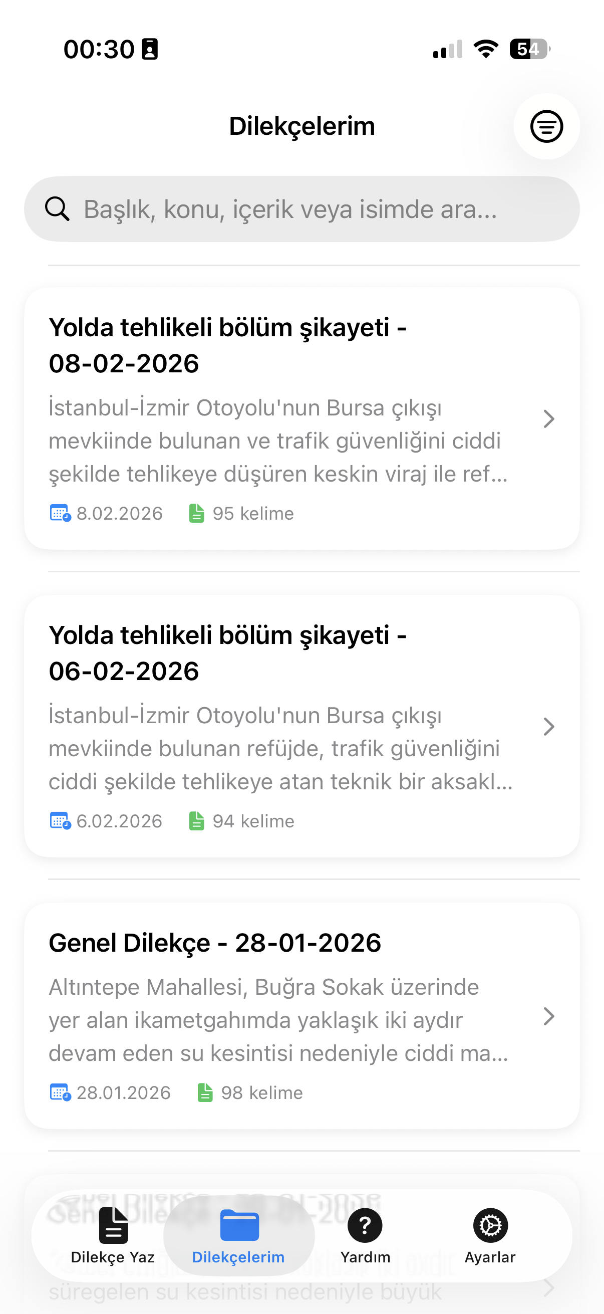 Dilekçelerim listesi